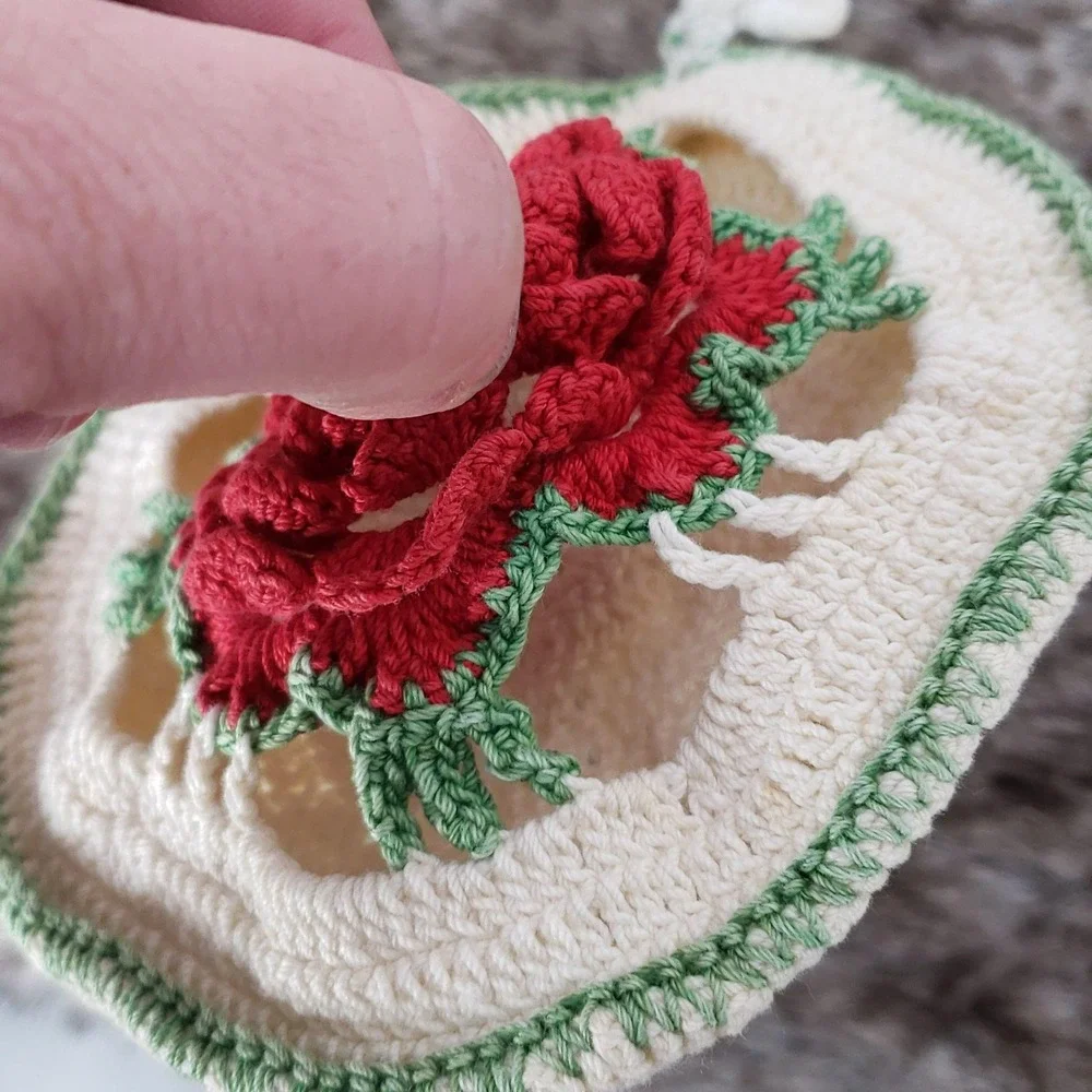 Handmade Round Crochet Pot Holder With Rose Design - Red Green & Cream Colors Pe